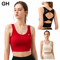 Débardeur court pour femme GH avec logo personnalisé, col rond, dos torsadé ouvert, coupe ajustée, sans manches, pour le yoga et les activités sportives, vente en gros, fabricant de soutiens-gorge