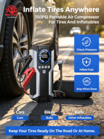 Démarreur de batterie de voiture, booster de batterie, chargeur, batterie externe, pack de batteries au lithium, pompe à air pour pneus, gonfleur de pneus avec lumière