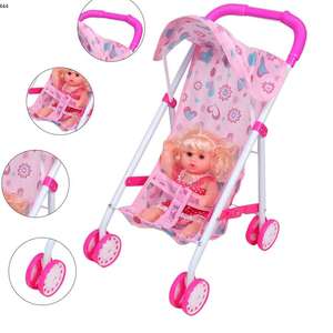 Hot Sale Girl Pretend Play Mini Pink Trolley Eisen rahmen Puppen Wagen Spielzeug Set Musical Schöne Baby puppe Mit Kinderwagen - Product Image 4