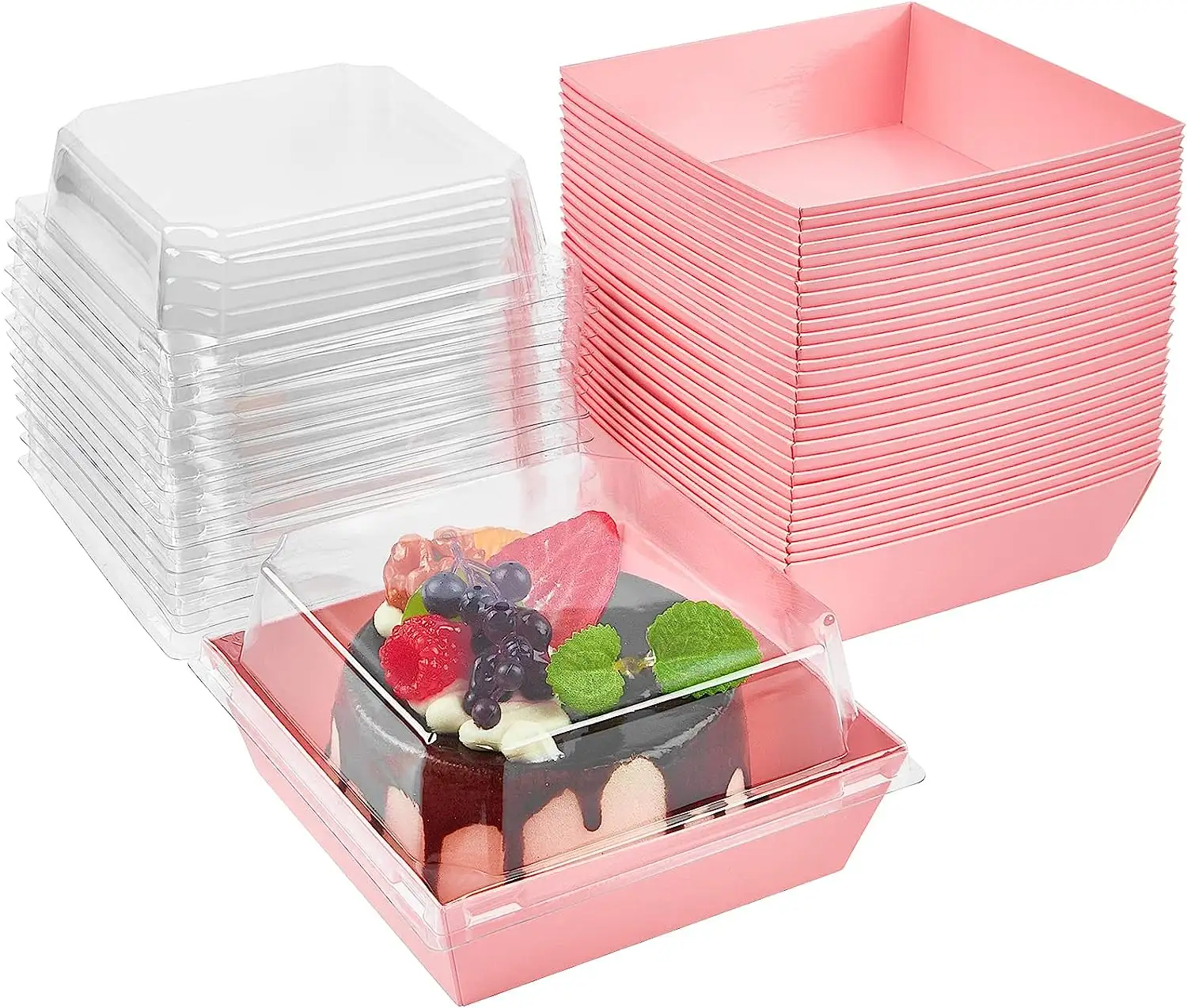 Cooked Food Boxes With Transparent Cover Pink Greaseproof Kraft Paper Dessert Box Bakery Cake Container