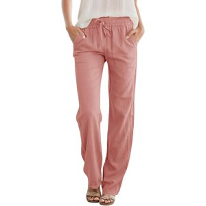FOXA Pantalones de lino para mujer, cintura alta, con cordón, corte holgado, pierna recta, pantalones de verano con bolsillos laterales, transpirables - Product Image 1