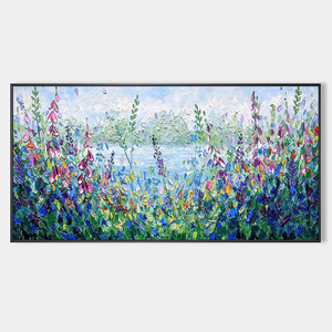 Pintura al óleo de paisaje impasto con flores silvestres y vista al lago, arte en lienzo con marco, estilo impresionista, decoración de pared interior - Product Image 4
