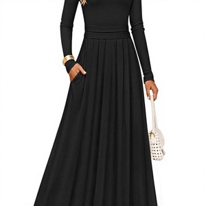 2026 Vestido de mujer de alta calidad, estilo vintage, de primavera, con temperamento, corte ajustado, color liso, manga larga, cuello redondo, abotonado, cintura imperio - Product Image 1