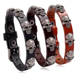 Handmade Leather Men Bracelets Vintage Skull Charms Wrap Bracelet Belt Style Adjustable Bracelets & Bangles
