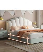 Lit mural pliable en crème style français, moderne et simple, lit double de 1,8 mètre, lit de princesse pour enfants avec cadre en bois et revêtement en cuir