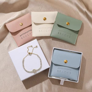 Leather Jewelry Box Rectangle Shape Solid Color Embossed Logo Button Closure For Jewellery Storage - Product Image 1
