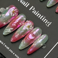 Faux ongles press-on faits main B191, forme amande, couvrance totale, motif fleur rose vert perle pour doigts