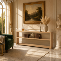 Tables consoles longues et basses de luxe en bois massif, design moderne avec pieds courbes brillants, pour entrée, salon, hôtel