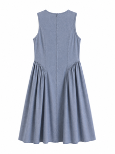 Robe midi bleue sans manches, coupe trapèze, avec ourlet plissé et col rond, tenue décontractée d'été - Product Image 4
