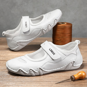 Chaussures de sport d'été tendance pour femmes, en cuir véritable, décontractées, avec fermeture velcro sur le dessus, chaussures simples en couleur unie - Product Image 3