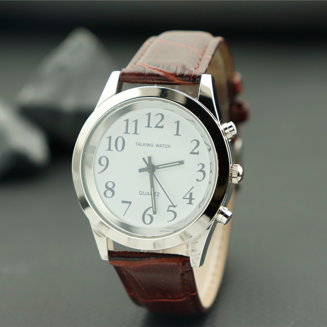 English Set Year Date Talking Watch for Senior Alloy PU Leather Band Speaking Time Dropshipping for Blind People Custom Language