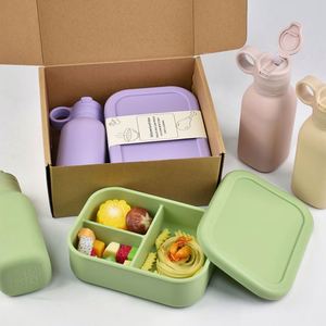 Portable 3 Compartment Bpa Free Silicone Bento <b>Lunch</b> Box Kids Water Bottle <b>Set</b> Leakproof Lid Microwavable Eco-Friendly School - Product Image 3