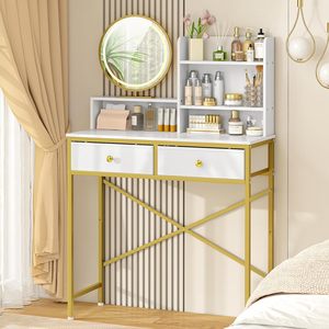 Vàng Trắng <span class=keywords><strong>Vanity</strong></span> bàn 2 ngăn kéo mở kệ lưu trữ phòng ngủ trang điểm bảng thiết lập vật liệu gỗ bàn trang điểm - Product Image 3
