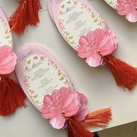 Kartu Menu Souvenir Pernikahan Premium Buatan Tangan dengan Embos Huruf Cinta, Motif Bunga Pink Oval, Rumbai, Kertas Seni Watercolour Edisi Terbatas