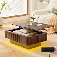 Table basse moderne HANYEE en bois cannelé avec plateau relevable, prise USB, éclairage RGB, meuble multifonctionnel pour salon