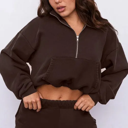 Fall Custom Logo Plain Fleece Half Zip Pullover Crop Sudadera Sweatshirt Jogger Women