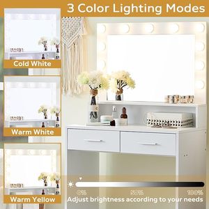 Modern Designs Simple <strong>Small</strong> <strong>Vanity</strong> Desk Dresser Set White Slim Mirror Makeup Dressing <strong>Table</strong> with Lights - Product Image 6