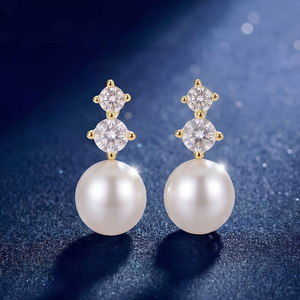 Copper 18K <b>Gold</b> Plated Double CZ White Pearl Drop <b>Earrings</b> for Women Round Zircon <b>Dangle</b> Pearl Stud Jewelry Bridal Gift - Product Image 4