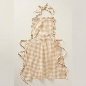 Tablier beige à carreaux avec volants et poche, en tissu tissé, écologique, réutilisable, tablier de cuisine, logo personnalisé imprimé, tablier de chef - Product Image 1