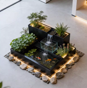 Fontaine d'eau moderne en acier inoxydable RGB avec cascade en verre, bac à fleurs personnalisable pour terrasse extérieure, cour et aménagement paysager - Product Image 3