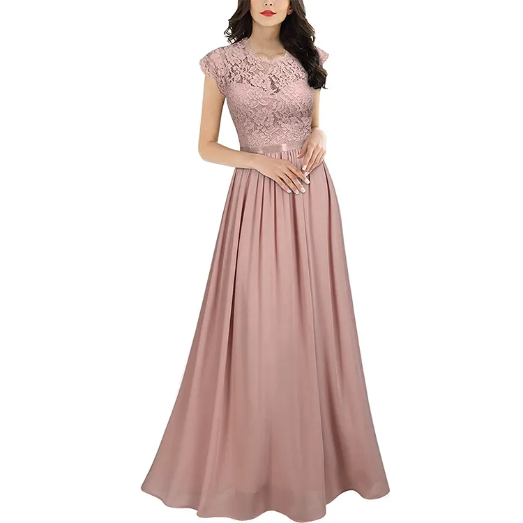 Women's Formal Floral Lace Evening Party Maxi Dress peach bridesmaids dresses