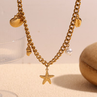 Collier tendance en acier inoxydable plaqué or, avec pendentif étoile de mer et coquillage, chaîne cubaine épaisse, étanche, cadeau pour femme
