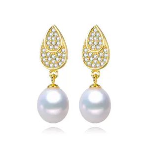 FEIRUN fashion new 925silver 8mm drop shape dangle real freshwater flower stud pearl pendant earrings