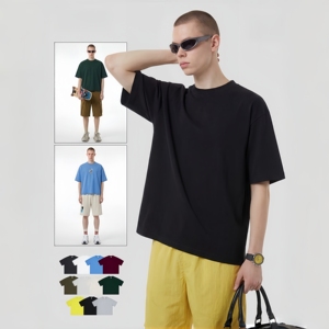 T-shirt pour homme en coton tissé 400 grammes, coupe ample vintage, col rond, séchage rapide, anti-rétrécissement, couleur unie - Product Image 2
