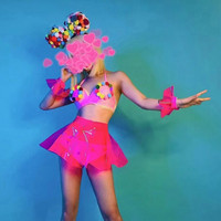 Ensemble jupe mini en polyester couleur bonbon avec pompons et bandeau oreilles de Mickey - Costume de danseuse pour scène, boîte de nuit, bar Gogo pour adulte