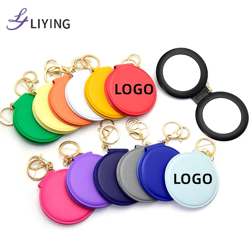 Travel Round Keychain Compact Pocket Mirror Pink Promotion Cheap Custom Logo Hand Portable Folding Cosmetic Mirror Silver