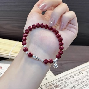 S925 Sterling Silver Fish <b>Bracelet</b> With Vermilion Ink <b>Beads</b> For Women Everyday Wear Fine Charm Jewelry - Product Image 1