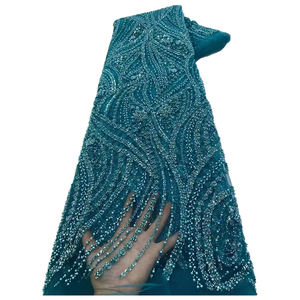 NI.AI gaun pernikahan anak perempuan, payet bermanik mewah jaring renda jala bordir kain renda dengan mutiara untuk perempuan - Product Image 2