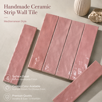 Carrelage mural artisanal en céramique rose nacré de luxe, surface ondulée irrégulière, 65x200mm, pour mur d'accentuation de hall d'hôtel