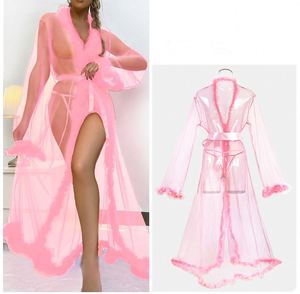Bata Larga de Malla Sexy con Borde Peludo, Pijama Transparente de Satén con Cintura Elástica, Secado Rápido para Verano - Product Image 5