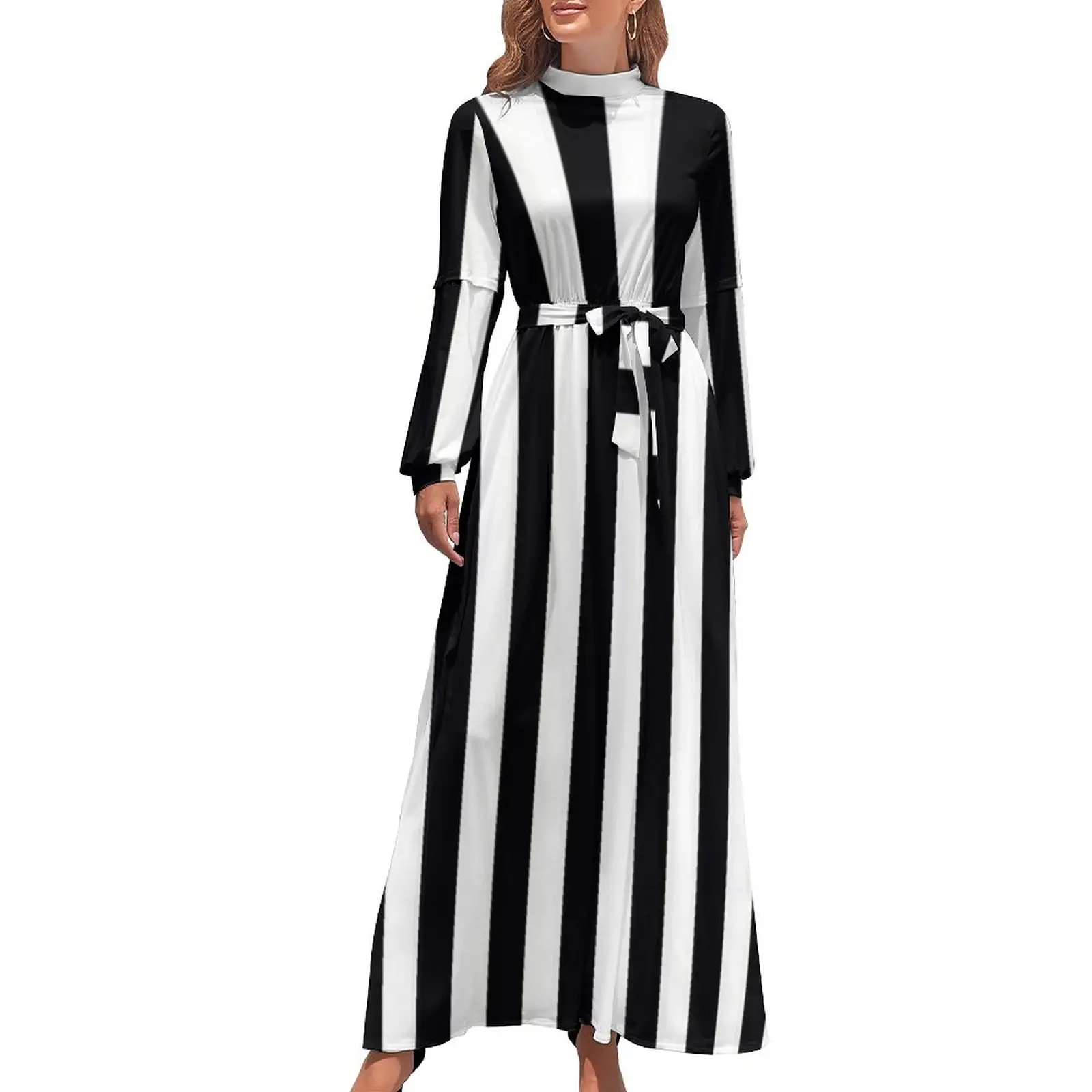 Casual stripe long dress for women ankle length fashion long sleeve dress woven dress
