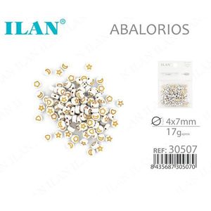 Perline Ilan Abalorios 4x7mm Bianche con Stelle e Lune in Oro per Creazione di Gioielli, Circa 17g, Rif. 30507 - Product Image 1