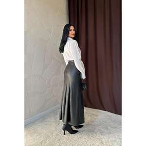 Wholesale Genuine Leather Pencil <b>Skirt</b> with Zipper Detail <b>Black</b> Woolen Fur Plain Style XS Winter Size - Product Image 1