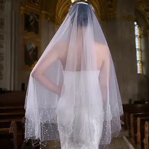 Shiny Bride Short Beaded Fringe Bridal Veils Double Layer With Hair Comb Wedding Veil