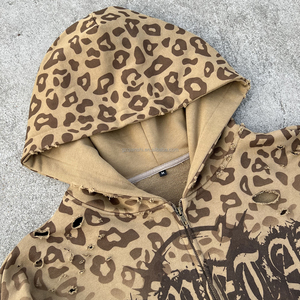 High Quality Leopard Print Zipper Hoodie Distressed Zip Jacket Oversized French Terry Cotton Custom Acid Wash Zip up Hoodie - Product Image 3
