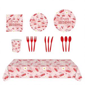 Ensemble de fête d'<span class=keywords><strong>anniversaire</strong></span> sur le thème des cerises Spot for Explosions, plateau en plastique <span class=keywords><strong>jetable</strong></span>, gobelet, <span class=keywords><strong>serviette</strong></span>, nappe, fournitures, 9 pièces, <span class=keywords><strong>joyeux</strong></span> <span class=keywords><strong>anniversaire</strong></span> - Product Image 2