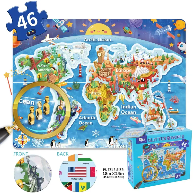 بازل خريطة العالم للأطفال من عمر 4-8, بازل خريطة العالم لتربية الأطفال من سن 4 إلى 8 ، 46 قطعة