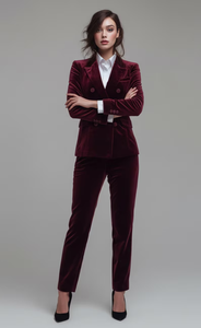 Ensemble pantalon et blazer de luxe en velours bordeaux pour femme, blazer élégant à double boutonnage avec pantalon slim, tenue de créateur - Product Image 4