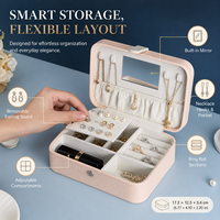 Boîte à bijoux rectangulaire de voyage, organiseur portable en cuir PU, miroir, rangement pour colliers, bagues, boucles d'oreilles, logo personnalisé, doublure en velours, fermeture éclair