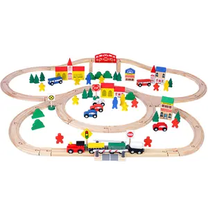 लकड़ी रेलवे सेट के लिए 100 टुकड़े लकड़ी ट्रेन ट्रैक सेट बच्चों खिलौना