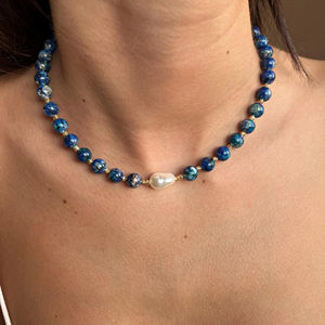 Collana Artigianale in Acciaio Inossidabile Dorato con Perle Barocche Vere e Perline di Sodalite da 6mm - Product Image 5