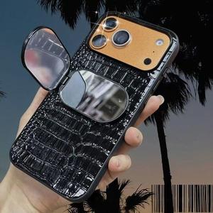 Custodia per telefono lucida effetto coccodrillo con specchio pieghevole e supporto antiurto per iPhone 15 16 17 Pro Max - Product Image 3