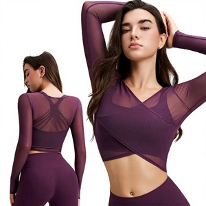 Custom Women's Long Sleeve Slim Yoga T-Shirt Breathable Mesh Quick Dry Front <b>Sports</b> Fitness <b>Top</b> V-Neck Lightweight Running - Product Image 2