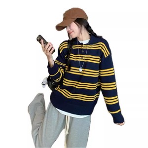 Automne hiver femmes <span class=keywords><strong>Vintage</strong></span> <span class=keywords><strong>pull</strong></span> américain rétro couleur bloc rayé à manches longues surdimensionné lâche anti-âge tricots - Product Image 5