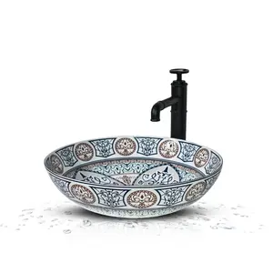 Pia de banheiro de cerâmica moderna feita à mão em forma redonda lavatório de mão com bordas finas S-1038