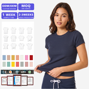 ผู้ผลิตเสื้อยืดคอกลมผ้าฝ้ายทรงพอดีตัวสำหรับผู้หญิง รับผลิตแบบ OEM ODM พร้อมสกรีนโลโก้ เสื้อยืดแขนสั้นแบบเรียบง่าย - Product Image 1